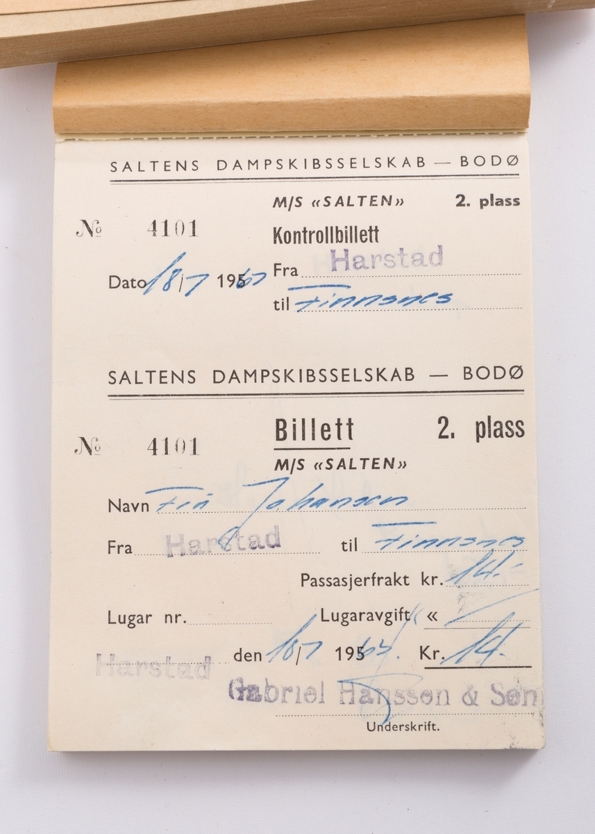 Billettbok for billetter til 2. klasse med M/S "Salten" med Saltens Dampskibsselskab, Bodø.