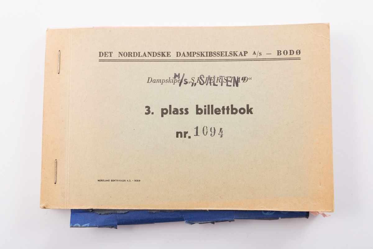 Billettbok for M/S "Salten" for tur-billetter med Det Nordlandske Dampskibsselskab