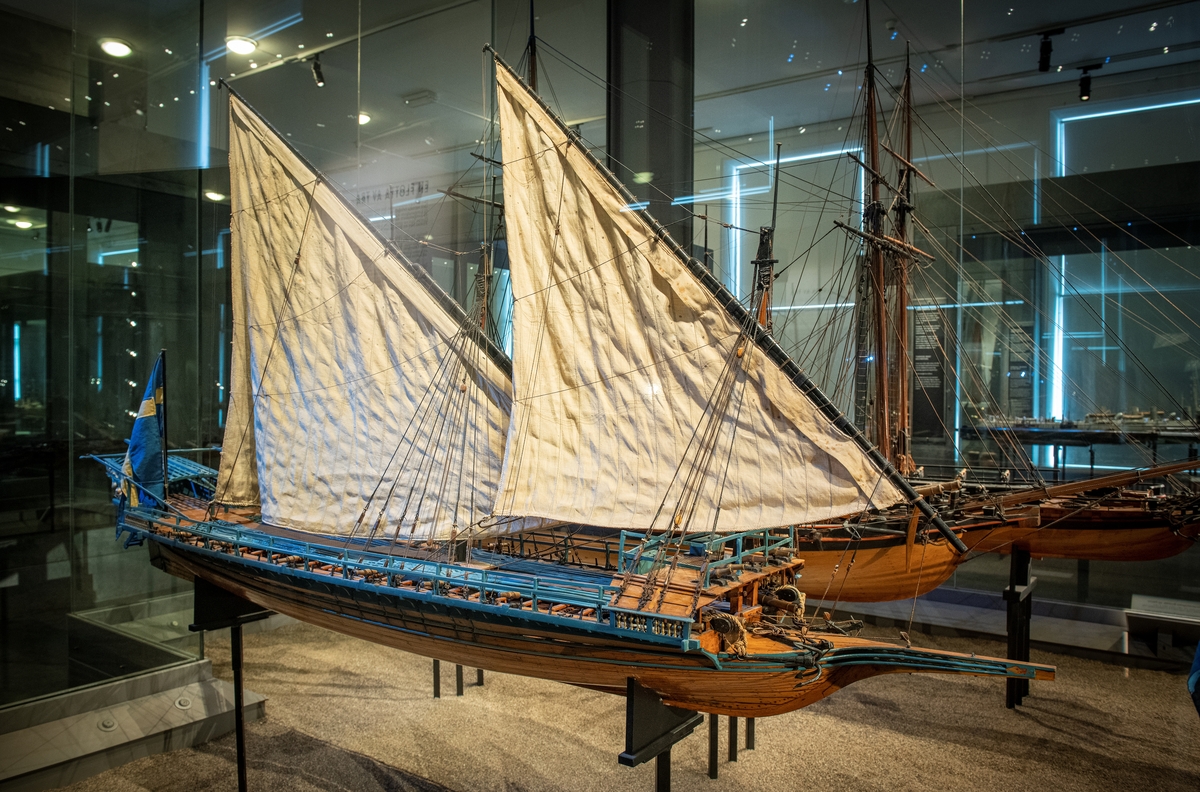 Modell av galär i Sjöhistoriska museets utställning Klart skepp.