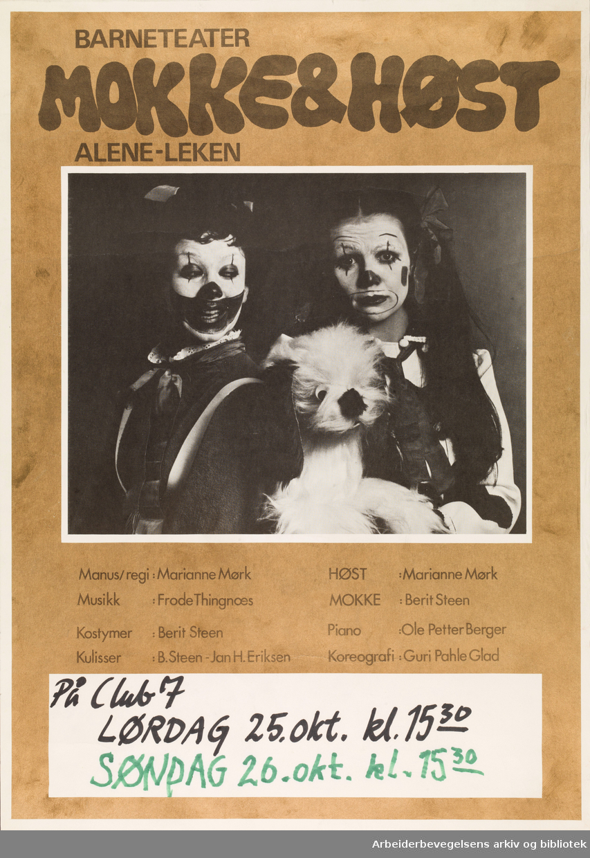 Club 7. Barneteater. Mokke & Høst. Alene-leken. Med blant annet Marianne Mørk, Berit Steen, Frode Thingnæs og Guri Pahle Glad. Oktober 1975.