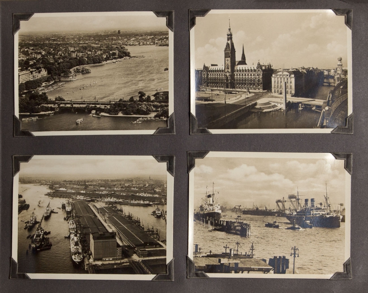 Albumside med fire foto, oversiktsbilder fra havnen i Hamburg.
