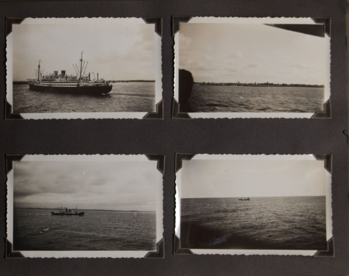 Albumside med fire foto, tatt om bord MONTE SARMIENTO ved avreise fra Hamburg.