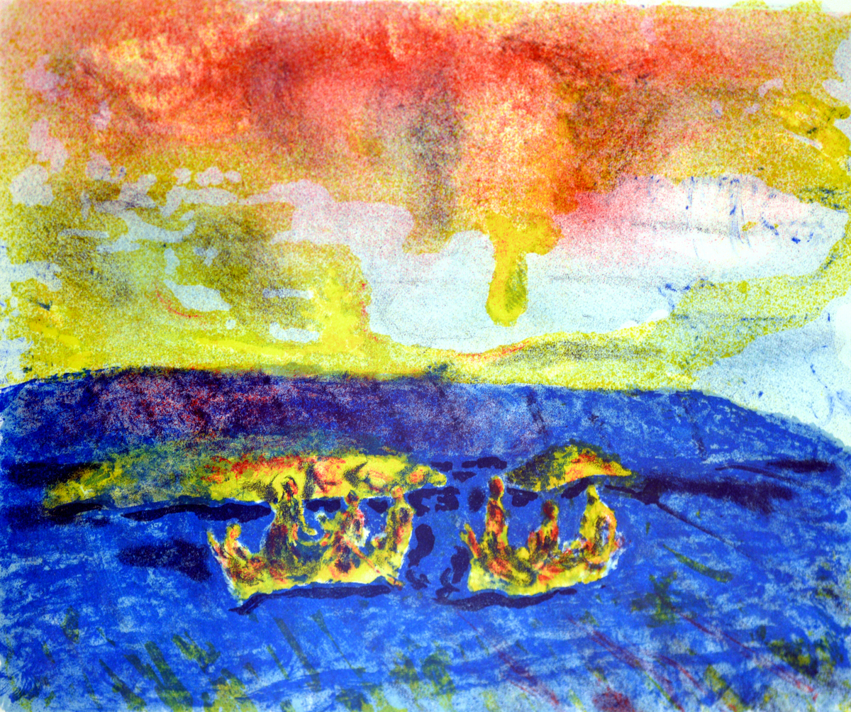 To båter på havet mot flammende himmel
