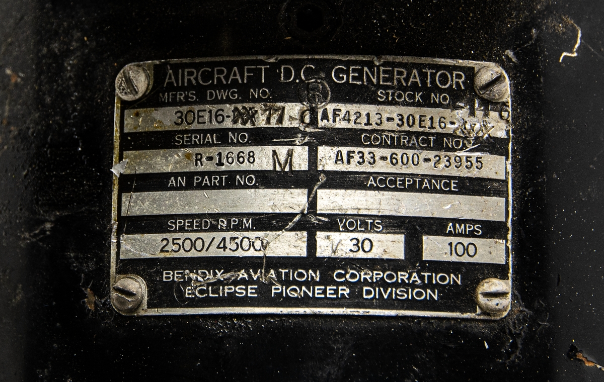 Aircraft D C Generator, Bendix aviation corporation eclipse pioneer division. Typ 30E16 M77.
