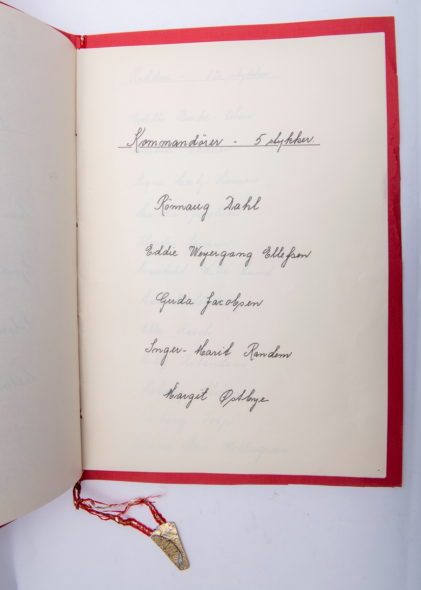 Røde omslag og hvite ark med oppførte navn for alle ulike utnevnelser for 1965