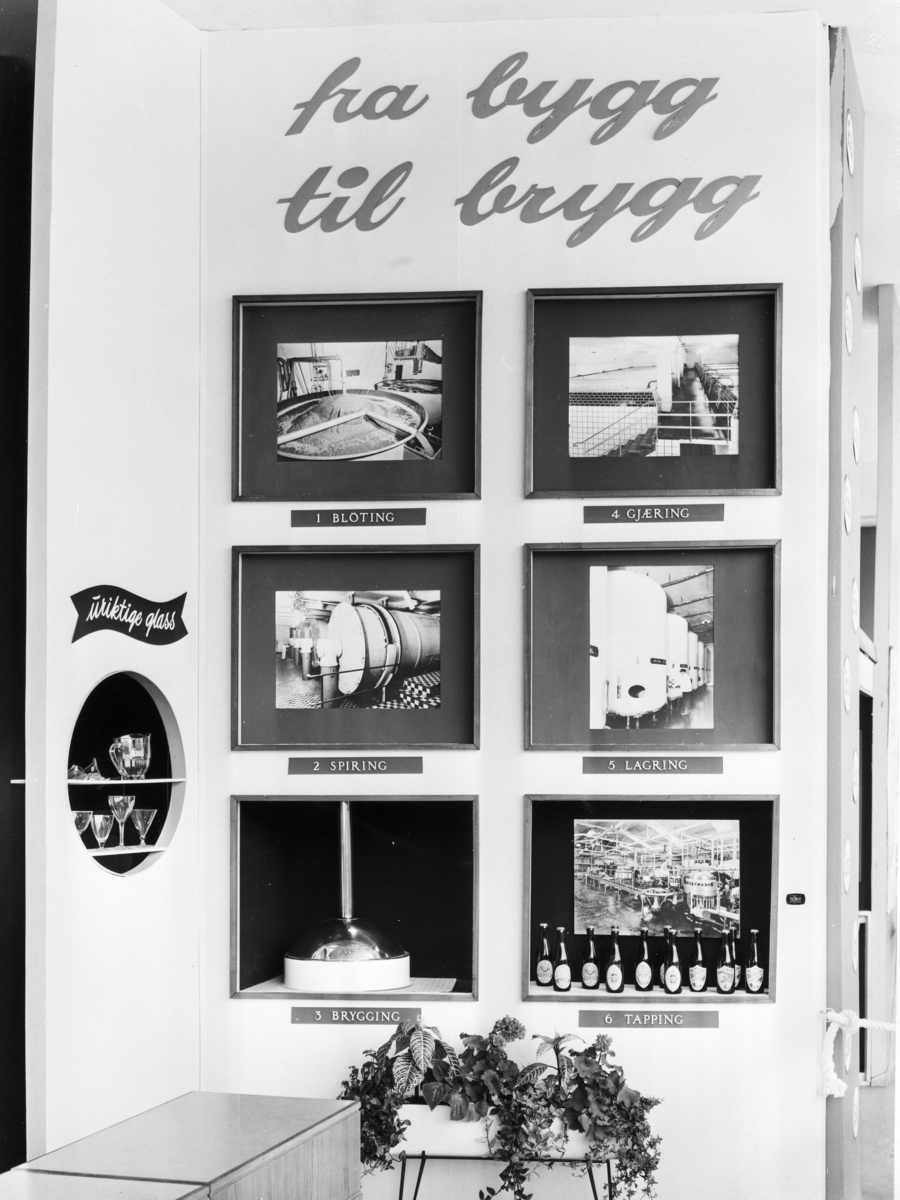 "Fra bygg til brygg" Plakat fra Frydenlund bryggeri som illustrerer bryggeprosessen.