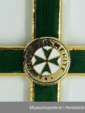 Medaljen er formet som et likearmet kors der armene er avsluttet med en liljeform. Korset senter er dekket av en sirkel med tekst som omkranser et lite grønt toflike likeamet kors på hvit bunn. 
