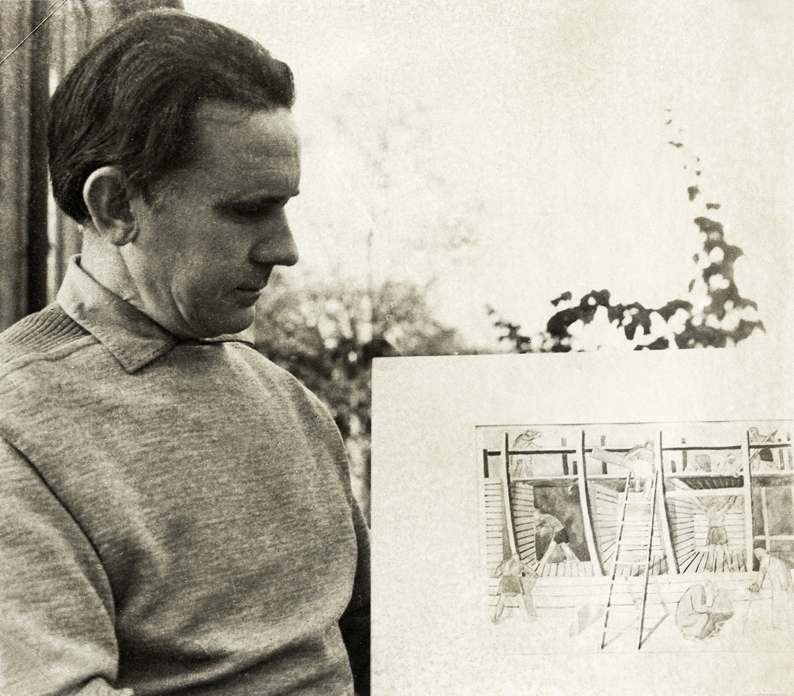 Konstnären Sven Ljungberg, Ljungby, visar upp en akvarellmålning, ca 1965.