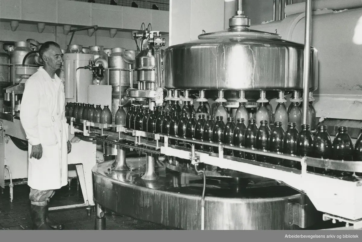 Fellesmeieriet. Tapping av melk på flasker. Første halvdel av 1960-årene.