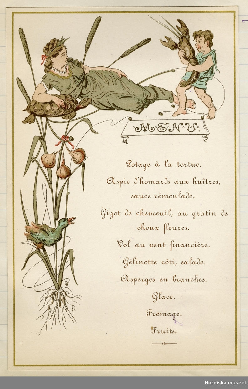 Meny från restaurang Hasselbacken, september 1883, nr. 136. Dekor i form av en kvinna och en pojke bärande en hummer. "För Generaldirekt. Nordlander".