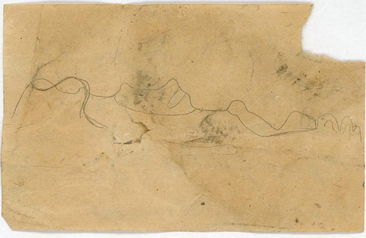 Lapp med påskrift:
14    Til pag. 32
Fossiler (?) fra 
den grønne skifer mellem (?)
sparagmiten og 
kvartssandstenen

Skisse på baksiden av lappen