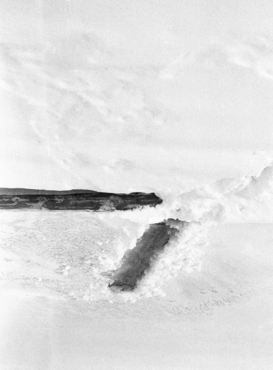 Borregaards tømmer fra Tylldalen på Glomma-isen ved Tynset bru.  Fotografiet viser to barkete stokkender i snøen.  Tømmeret er åpenbart kjørt fra Tylldalen med lastebil, slik at det kunne fløtes i hovedvassdraget, framfor i sidevassdraget Tysla, gjennom Rena-elvene, Lomnessjøen og Storsjøen før det nådde Glomma. 