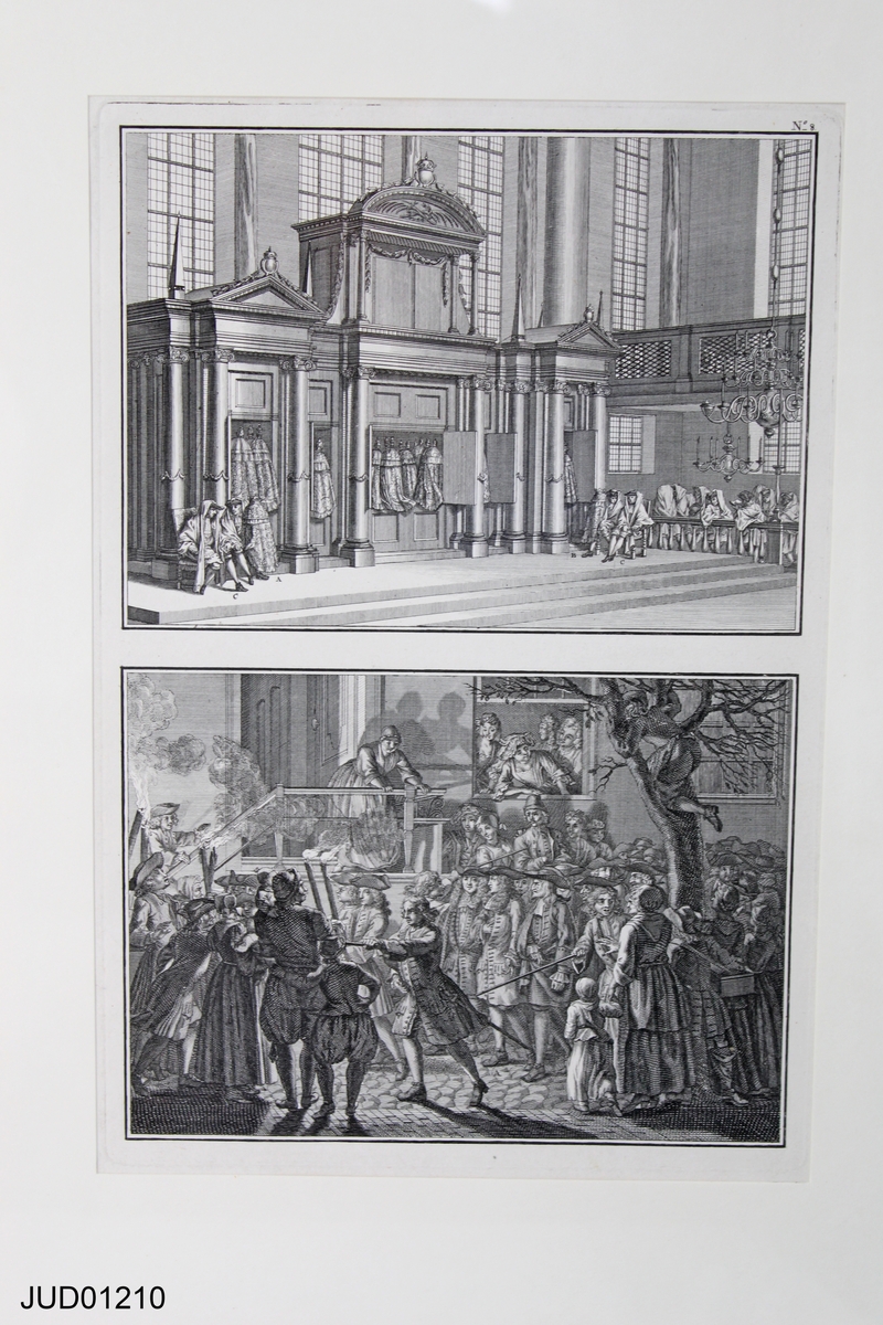 Inramade etsningar ur Picarts serie. Motiv föreställande portugisiska synagogan i Amsterdam och ceremonier.