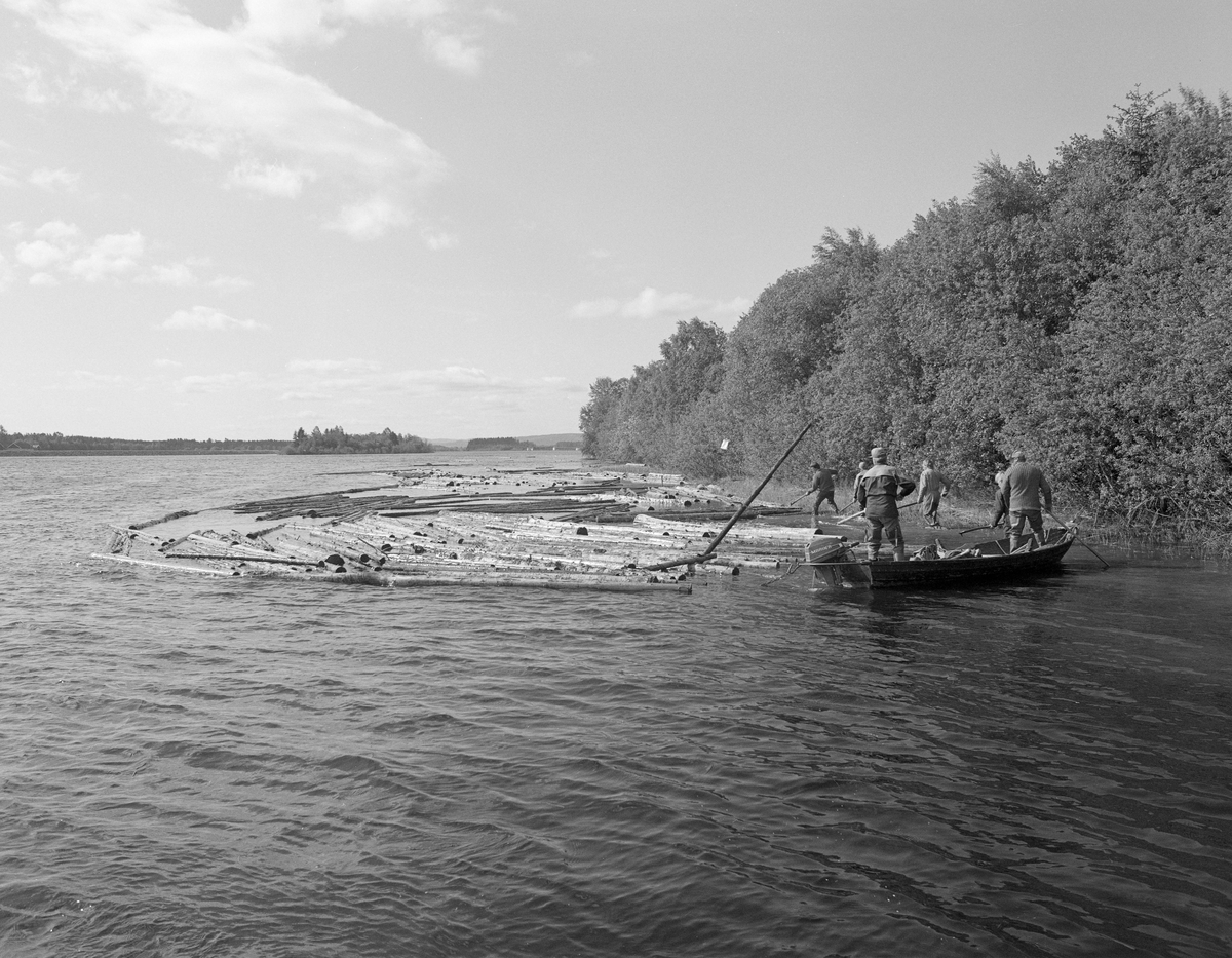 Sluttrensk. Fløtere langs land og i båt på Glomma ovenfor kraftverksdammen i Strandfossen, Elverum, Hedmark.