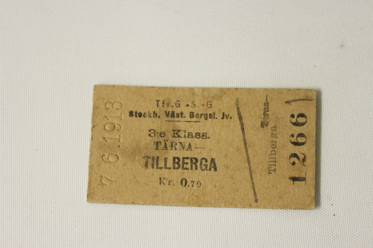3:e klass tågbiljett för sträckan Tärna - Tillberga.