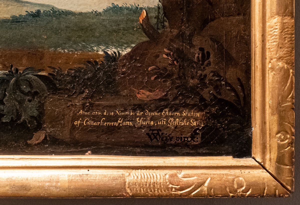 Oljemålning, "Fläckig ekorre vid Högbo bruk", av J. A. Weise (av Ehrenstrahls skola). I förgrunden en vit och rödbrun ekorre gnagande på en nöt, sittande på en gren. I fonden landskap med vattendrag, herrgård, masugn och några personer ute på jakt.
Texten på målningen nere till höger berättar: "Anno 1734 d: 14 Novemb. är denna Ekhorn skuten af Cammarherren Hans Hierta uti Gestrike Land".
Förgylld ram.