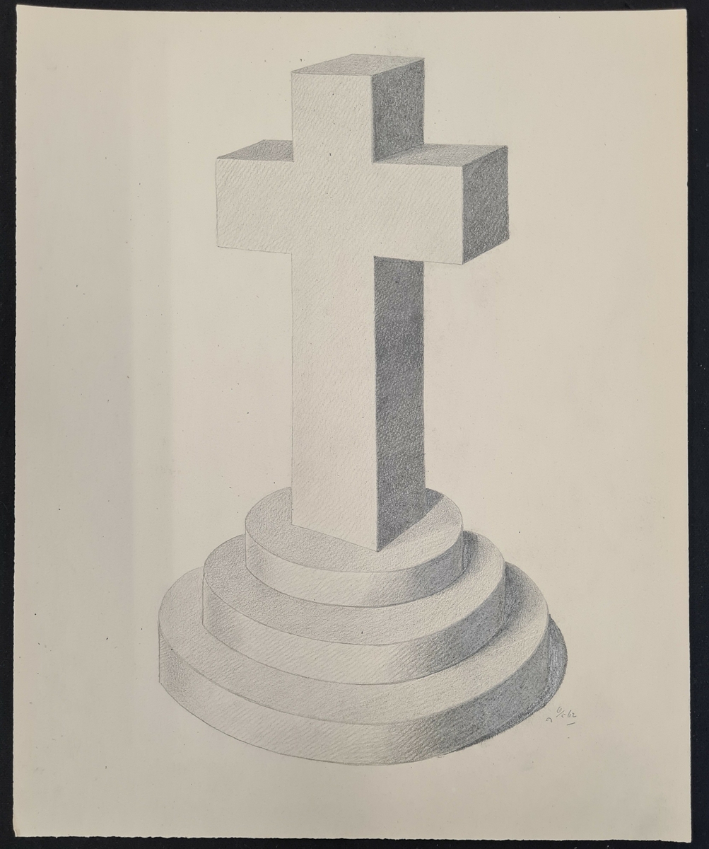 Teckning av F. A. Zettergren. En teckningsstudie av en tredimensionell modell i form av ett kors. Daterad 6/5 1862.