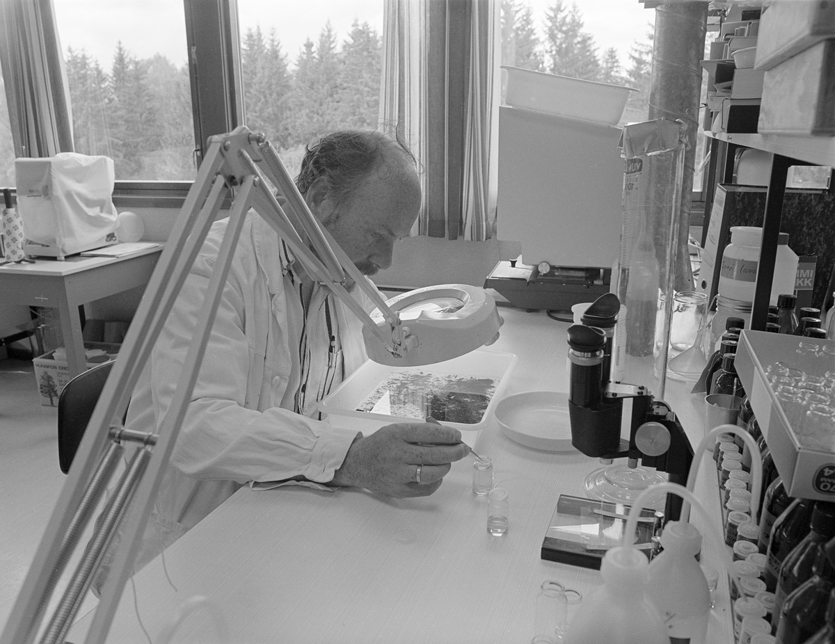 Akvarieleder Christian Andersen ved Norsk Skogbruksmuseum, fotografert i laboratoriet sitt i 1982. Andersen ble ansatt ved museet i 1978, i konkurranse med 16 andre søkere. Han var opprinnelig trondheimsgutt, men hadde studert botanikk, zoologi, geografi, geologi og kjemi ved Universitetet i Oslo. Hovedfagsarbeidet hans i zoologi redegjorde for harrens vandringer i Trysilvassdraget. I 1968 ble cand. real Christian Andersen ansatt som fiskerikonsulent i Nordland og Troms. Fem år seinere ble han museumslektor ved Tromsø museum. Andersen hadde også mange oppdrag som fiskerisakkyndig i forbindelse med utredninger av kraftutbyggingsprosjekter. Han tiltrådte stillingen ved Norsk Skogbruksmuseum 1. august 1978.  Da var firmaet A/S Norlett allerede i gang med montering av 10 akvariekar der man skulle vise fisk i ulike biotoper. Andersen reiste på studieturer til velrennomerte akvarier i Danmark og Sverige for å få del i andres erfaringer fra slike akvarieprosjekter, dels sammen med Jan Ivar Martinsen, som skulle forme akvarieinteriørene. Akvarielederen tok intiativ til at det ble bygd karantenekar og klekkerenne «bakrommene», og han fikk laboratoriefasiliteter som åpnet muligheter for fiskerifaglige analyser. Akvariet på Norsk Skogbruksmuseum ble åpnet 22. juni 1979, og det ble raskt en publikumssuksess. Trond Nystuen ble ansatt som akvarierøkter, under Andersens faglige ledelse. Akvarielederen ivret for å markedsføre virksomheten - både akvariet spesielt og museet generelt. Sammen med kona Kari Qvenild Andersen arbeidet han ivrig for å utvikle De nordiske jakt- og fiskedager til museets viktigste publikumsarrangement, noe de lyktes godt med. Christian Andersen ble pensjonist i 1999. De to siste årene hadde han, ved siden av sine oppgaver knyttet til akvariet og markedsføringa av museet, en avdelingslederfunksjon. Som pensjonist ble Christian Andersen en ivrig golfspiller. I miljøet rundt golfbanen i Elverum fikk han montert en mengde fuglekasser som han fulgte nøye med registrering av hekkende arter.