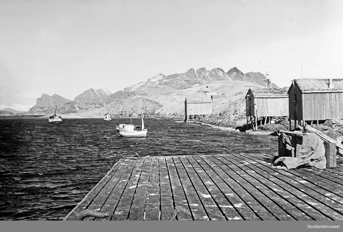 Vågøy. Havna med kai foran. 3 brygger ved strandkanten. Bygningene står ...