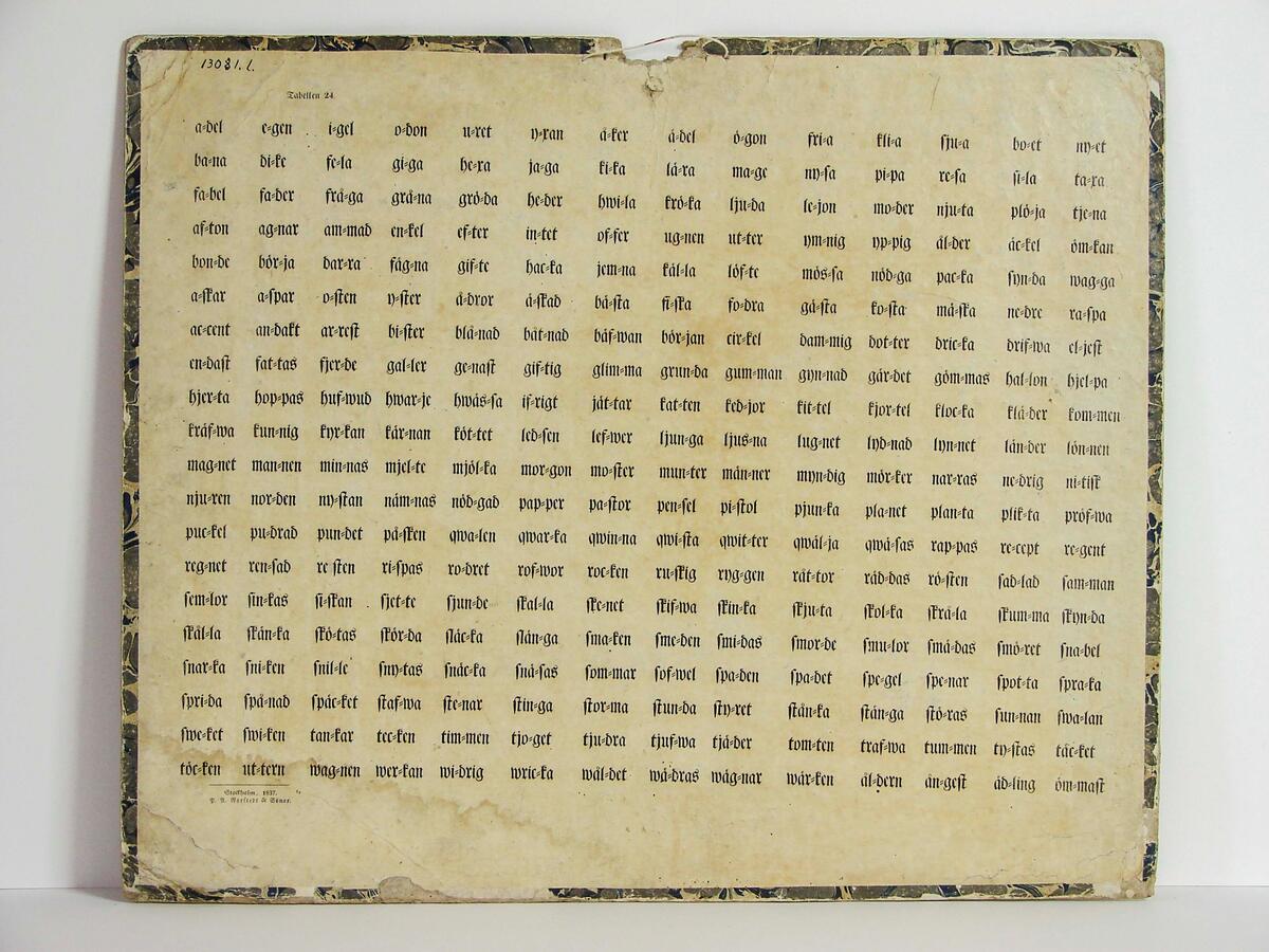 Tryckta planscher (A-O), 15 st., om självljud, alfabetet, läsövningen. Stockholm (1837-1840) P. A. Norstedt & Söner