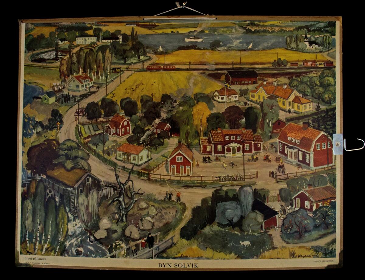 Byn Solvik; Livet på landet.; Målning av Olle Hagdahl, 1949; AB.P.A. Norstedt och Söner, Stockholm; 