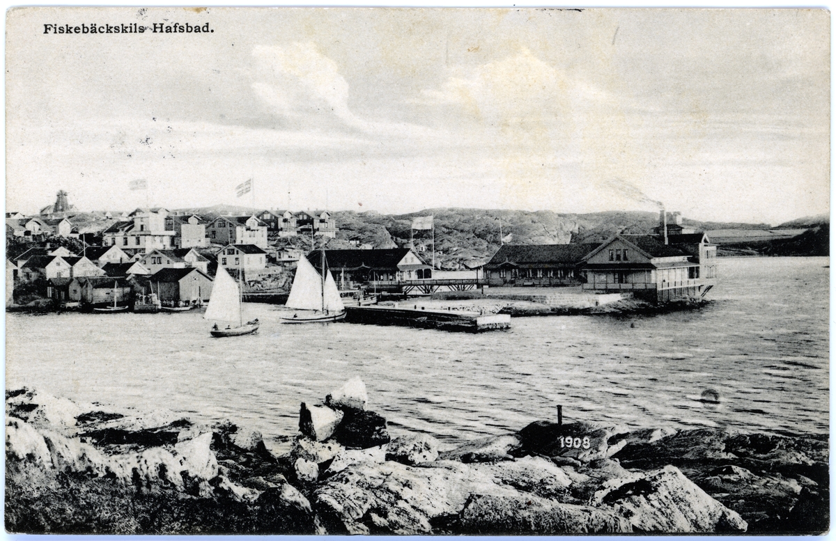 Tryckt text på kortet: "Fiskebäckskils Hafsbad."