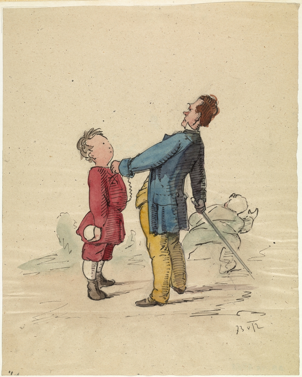 En mann, iført blå frakk og gule bukser, står med stokk i hånden i ferd med å pryle en gutt i rød jakke og røde knebukser