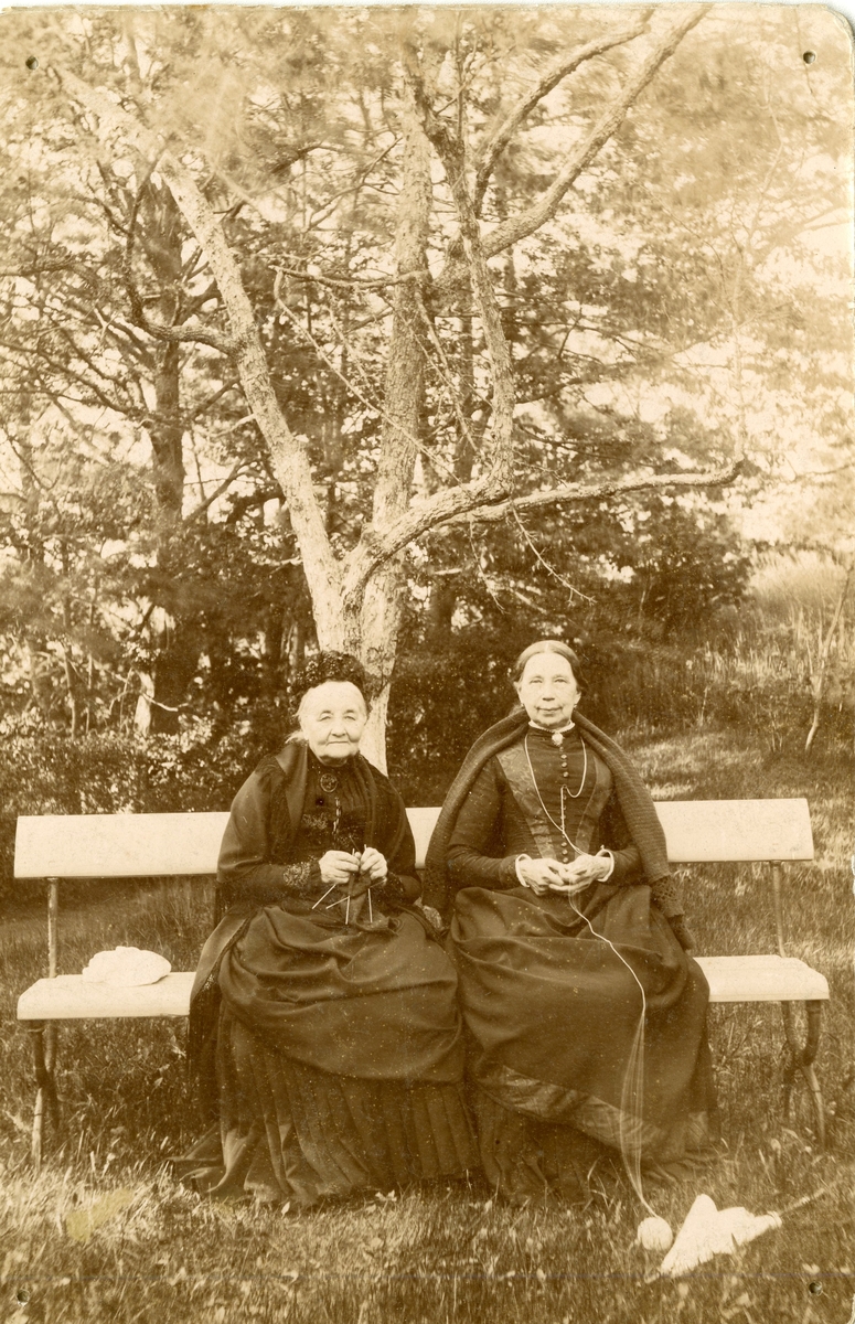 Eldre kvinne og Dikka Rømer med med strikketøy på en benk i Bergparken.