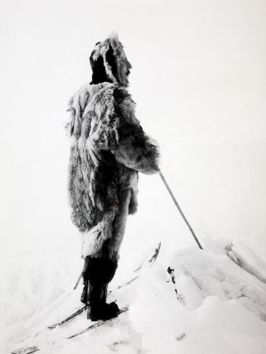 I boken "Mitt liv som polarforsker" (Gyldendal, 1927) har dette bildet fått undertittelen "Roald Amundsen på Sydpolferden". Foto: Anders Beer Wilse, Nasjonalbiblioteket. / I boken "Mitt liv som polarforsker" (Gyldendal, 1927) har dette bildet fått undertittelen "Roald Amundsen på Sydpolferden". Foto: Anders Beer Wilse, Nasjonalbiblioteket.