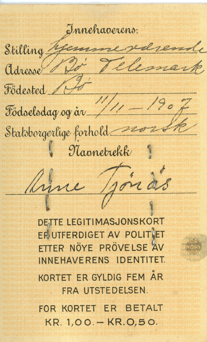 Legitimasjonskort for Anne Tjønnås, f. 1907.
