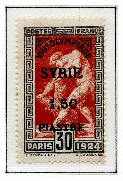 Åtte frimerker fra Sommer-OL i Paris i 1924 montert på en albumside. Det er fire ulike frimerker - to av hvert motiv og farge. Frimerkene er alle stemplet SYRIE og en annen verdi enn den som er angitt på frimerket.