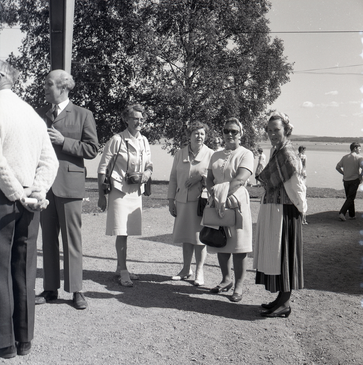 En grupp män och kvinnor på sommarutflykt står och samtalar med varandra, 1967.