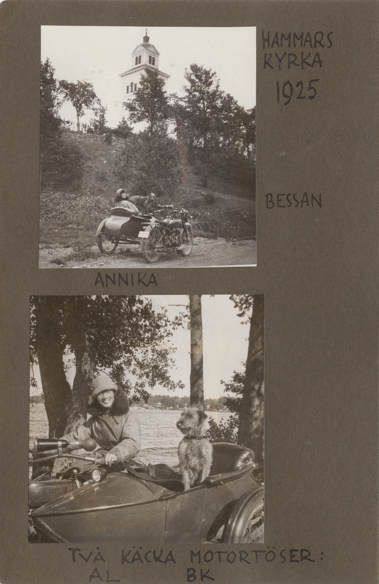 Anna Linderstam och en hund på en motorcykel med sidovagn framför Hammars kyrka, 1925.

Text vid foto: "Hammars kyrka 1925. Bessan. Annika."