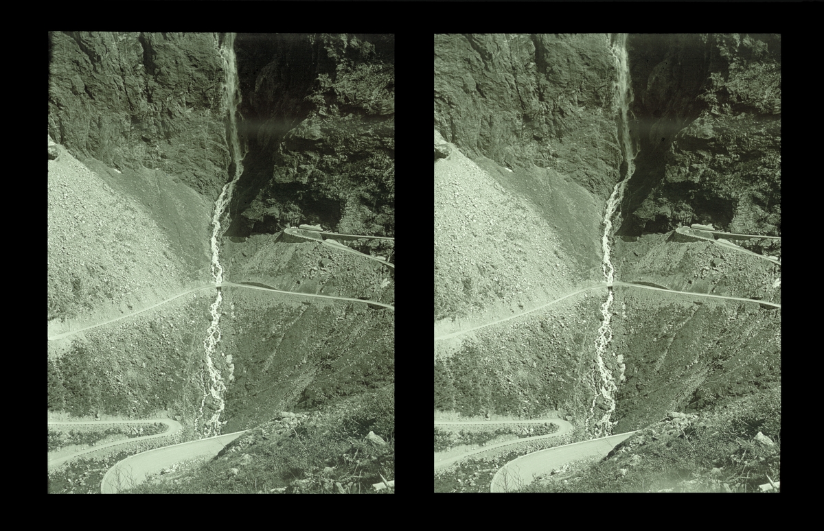 Trollstigen, utsnitt ved Trollfossen. Tilhører Arkitekt Hans Grendahls samling av stereobilder.