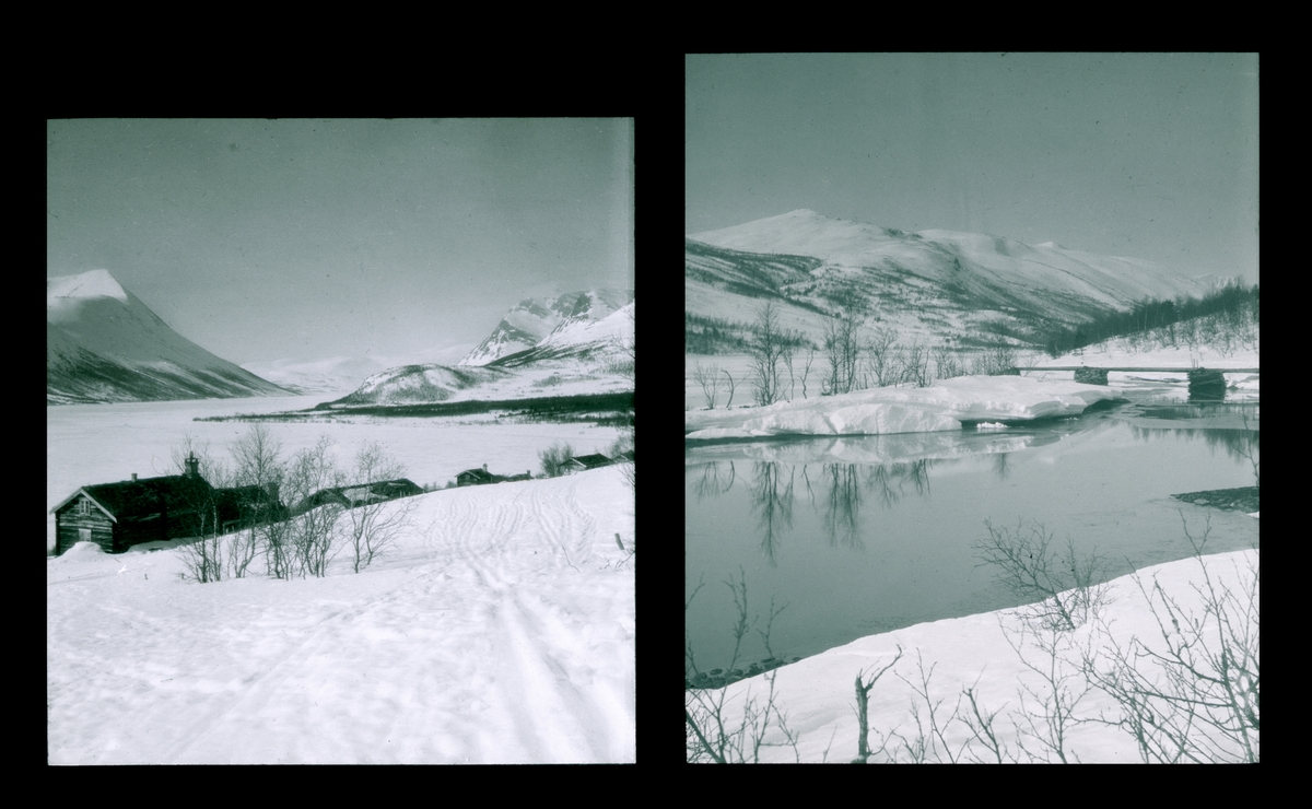Snødekket landskap med hytter. Tilhører Arkitekt Hans Grendahls samling av stereobilder. To motiv på en plate.