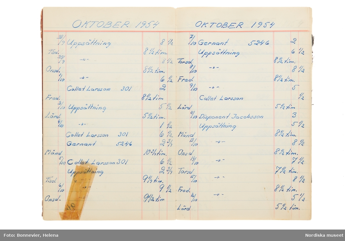 Tidbok som sträcker sig från 1954 till 1958, har tillhört sömmerskan Maj-Britt Holmström på NK:s Franska damskrädderi.  Här kan  utläsas kundernas namn, arbetstimmar samt materialangivelser.