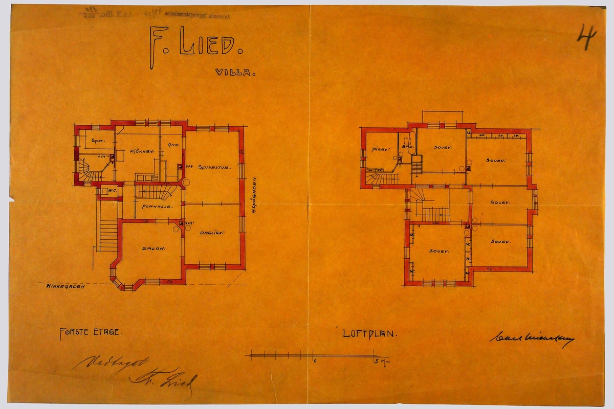 Villa Lied, plan av første etasje og loftet [Plantegning]