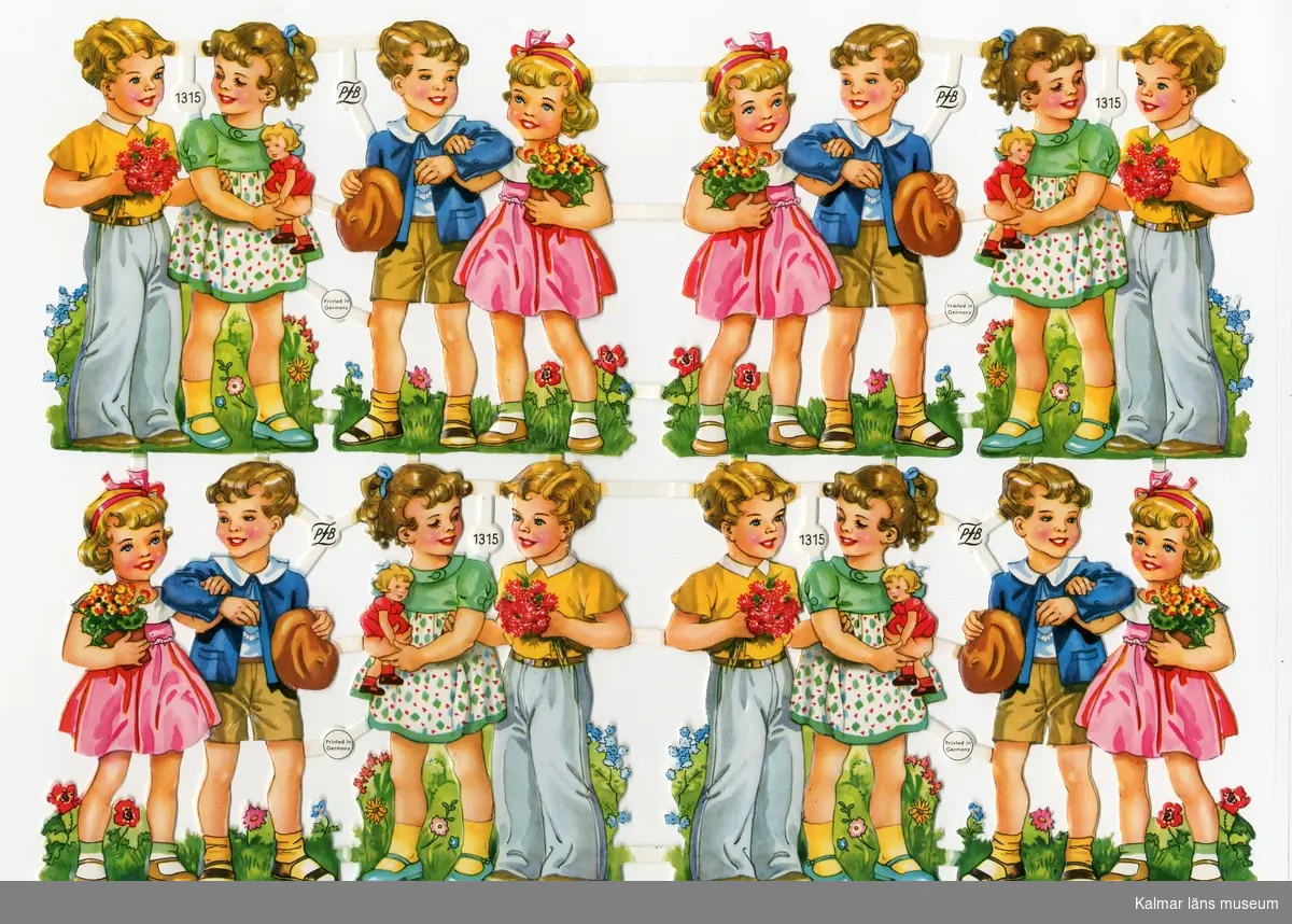 Pojke med grå långbyxor eller bruna kortbyxor, flicka i grön och mönstrad klänning eller rosa sidenklänning med docka eller blommor i famnen, Pojke med mössan i hand. två varianter, fyra av varje.