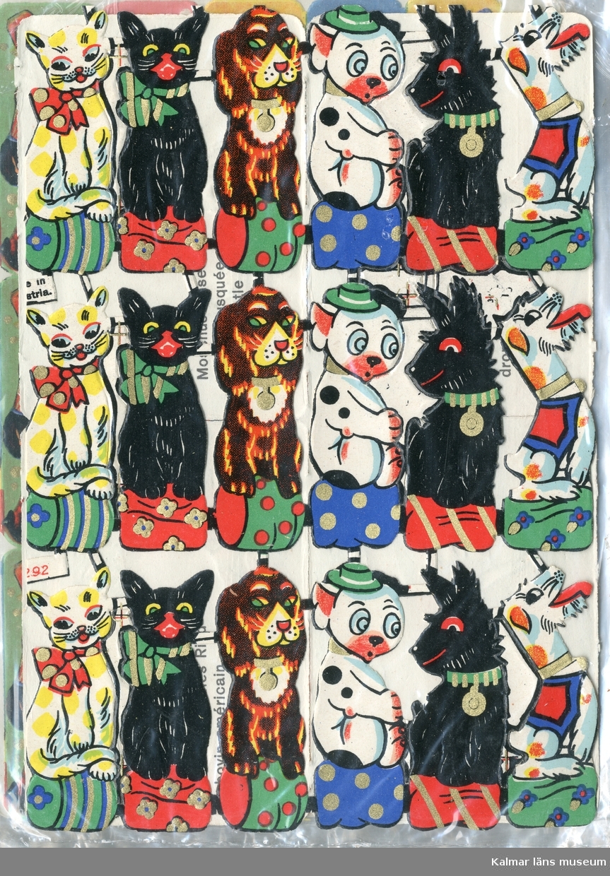 Tecknade katter och hundar. Sex olika figurer, tre av varje.