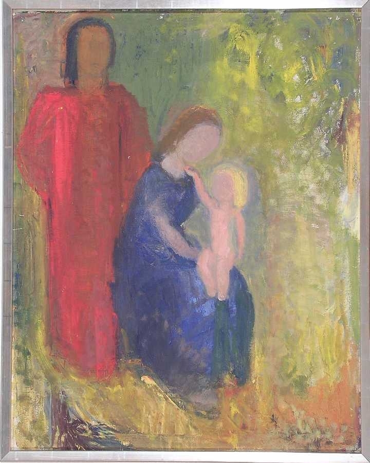 Ett ljushårigt, naket barn sitter i sin moders knä och tar efter hennes ansikte. Hon är klädd i blå klänning och har brunt hår. Bakom till vänster står en svarthårig man i intensivt röd klädnad. Bakgrunden går i gröna och gula nyanser.