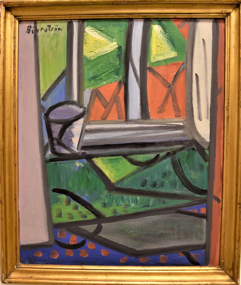 Abstrakt målning av en fönstervy med detaljer i rött, grönt, gult, blått, violett och svart.