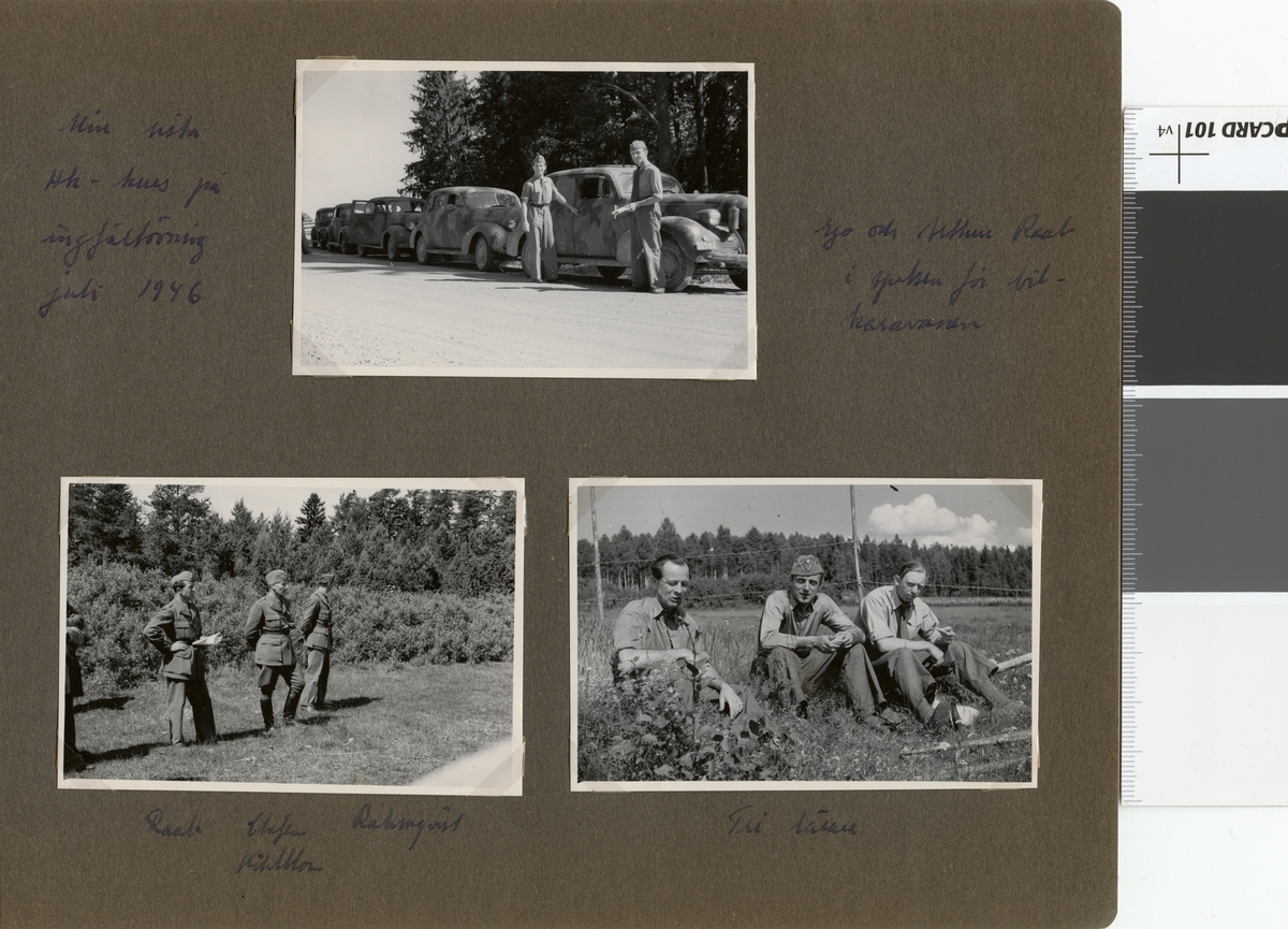 Text i fotoalbum: "Min sista Hk-kurs på ingfältövning juli 1946. Ego och Arthur Raab i spetsen för bilkaravanen".