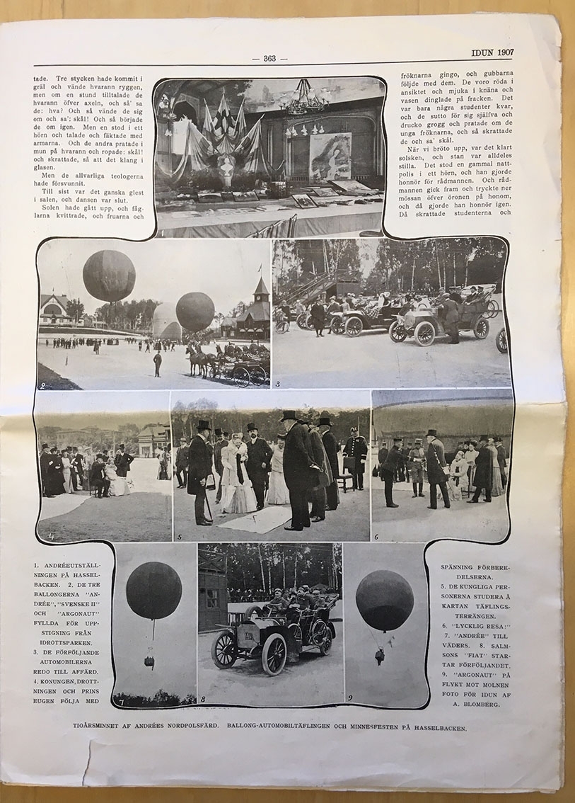 Nio bilder från 10-årsminnet av S A Andrées polarexpedition: utställningen, ballongerna "Andrée", "Svenske II" samt "Argonaut"