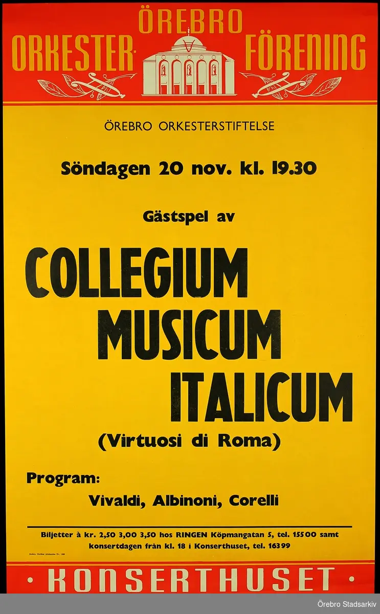 Konserthuset Örebro, 1955. Affisch. Konsert av Örebro orkesterförening