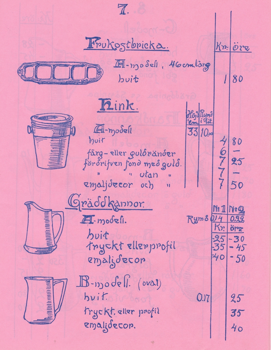Produktkatalog, prislista, över 1912 års produktion av keramik vid Aktiebolaget Gefle Porslinsbruk.
