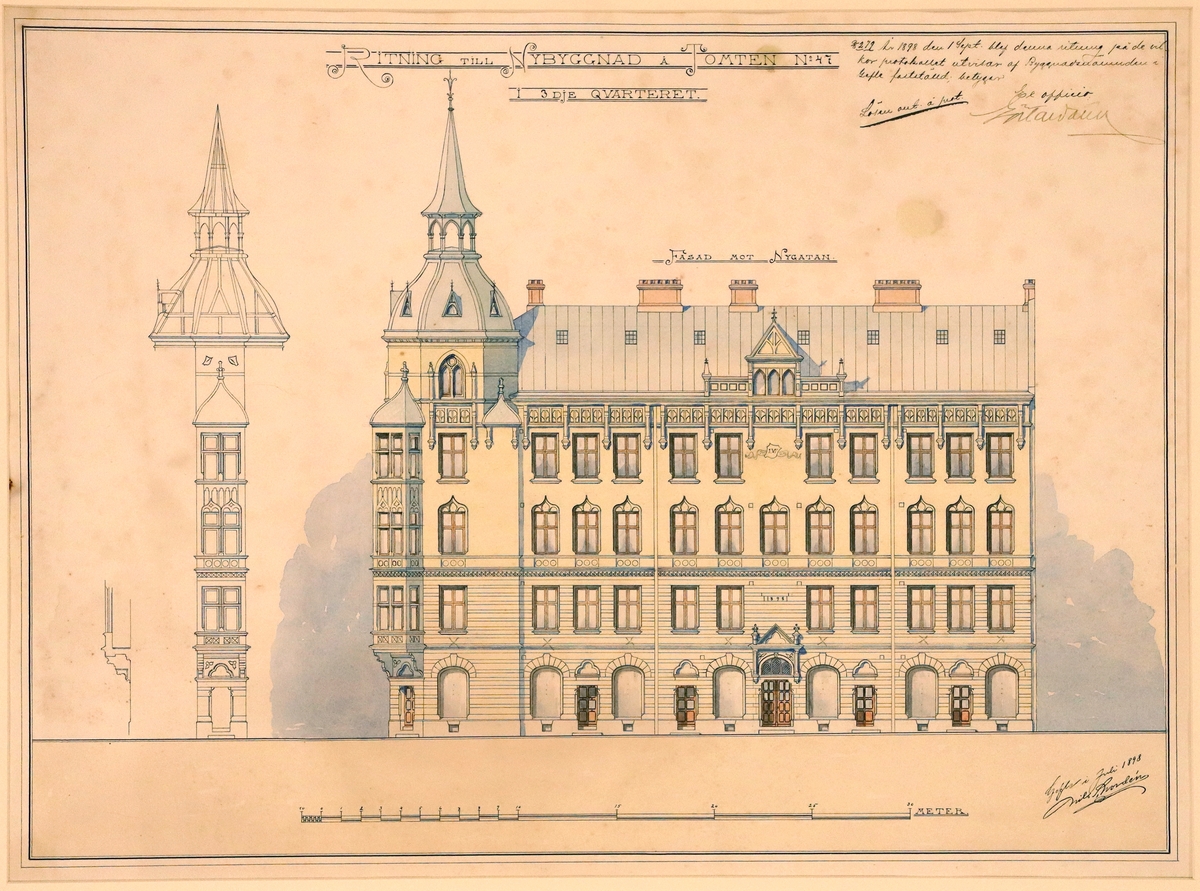 Orginalritning från 1898 av Westergrenska huset på Nygatan 40 i Gävle. Tomt 47 i tredje kvarteret.