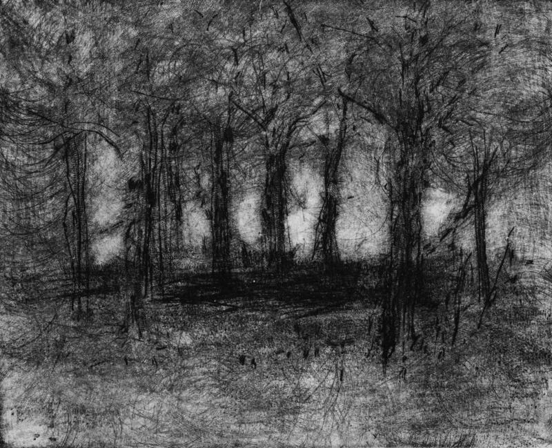 Kunstverk av Mari Berge, mørkt skoglandskap