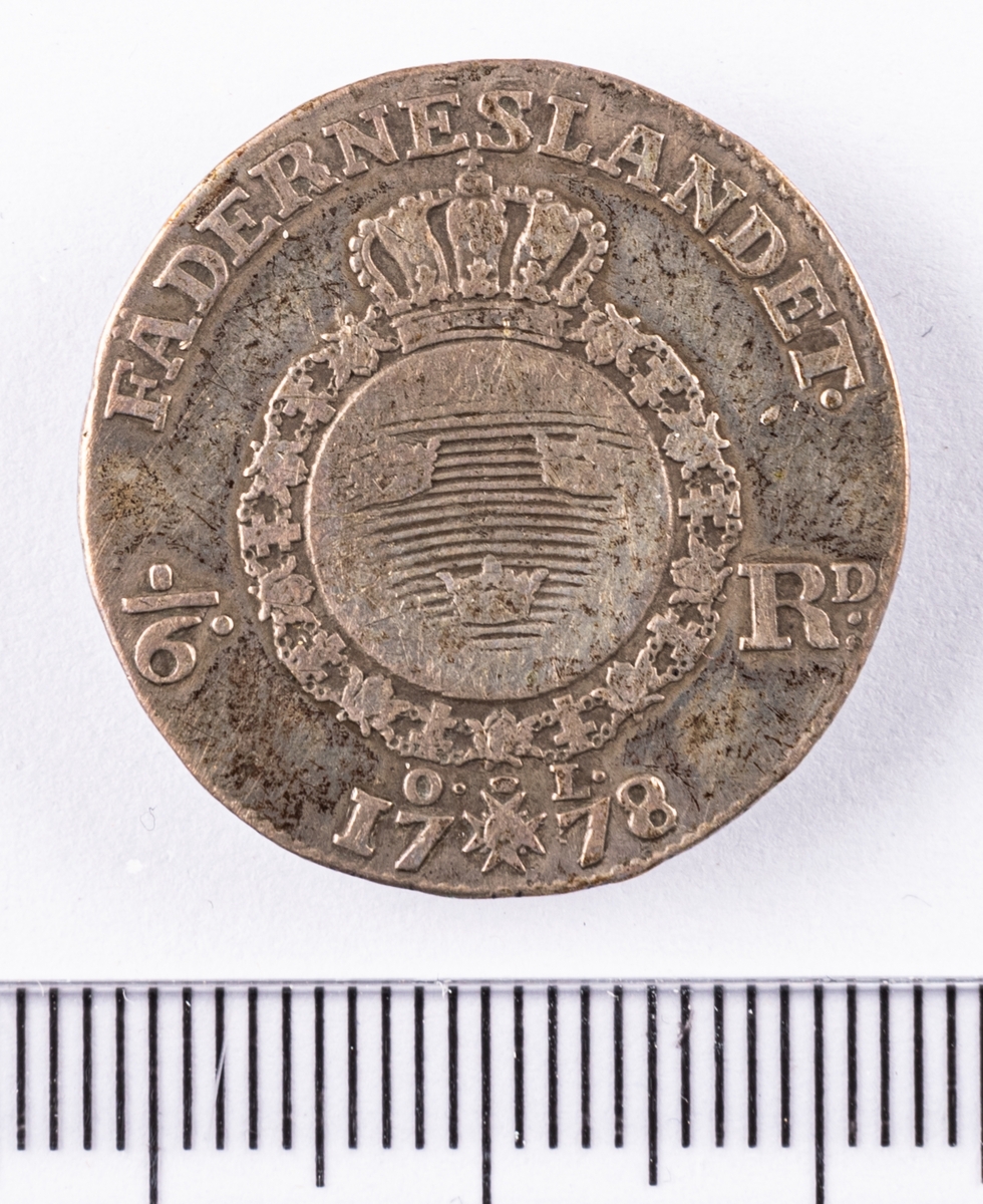 Mynt, Sverige, 1/6 riksdaler, 16 öre s.m, 1778.