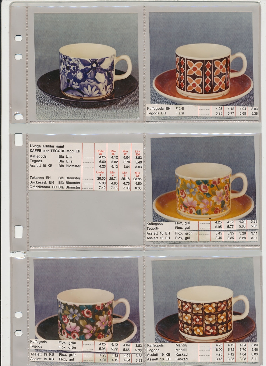 Produktkatalog i färg över serviser från Gefle Porslinsfabrik 1974. Katalogen visar specialsortiment för Åhlén & Holm, Wessels Stormarknad, EPA, KF och H J Blomqvist.