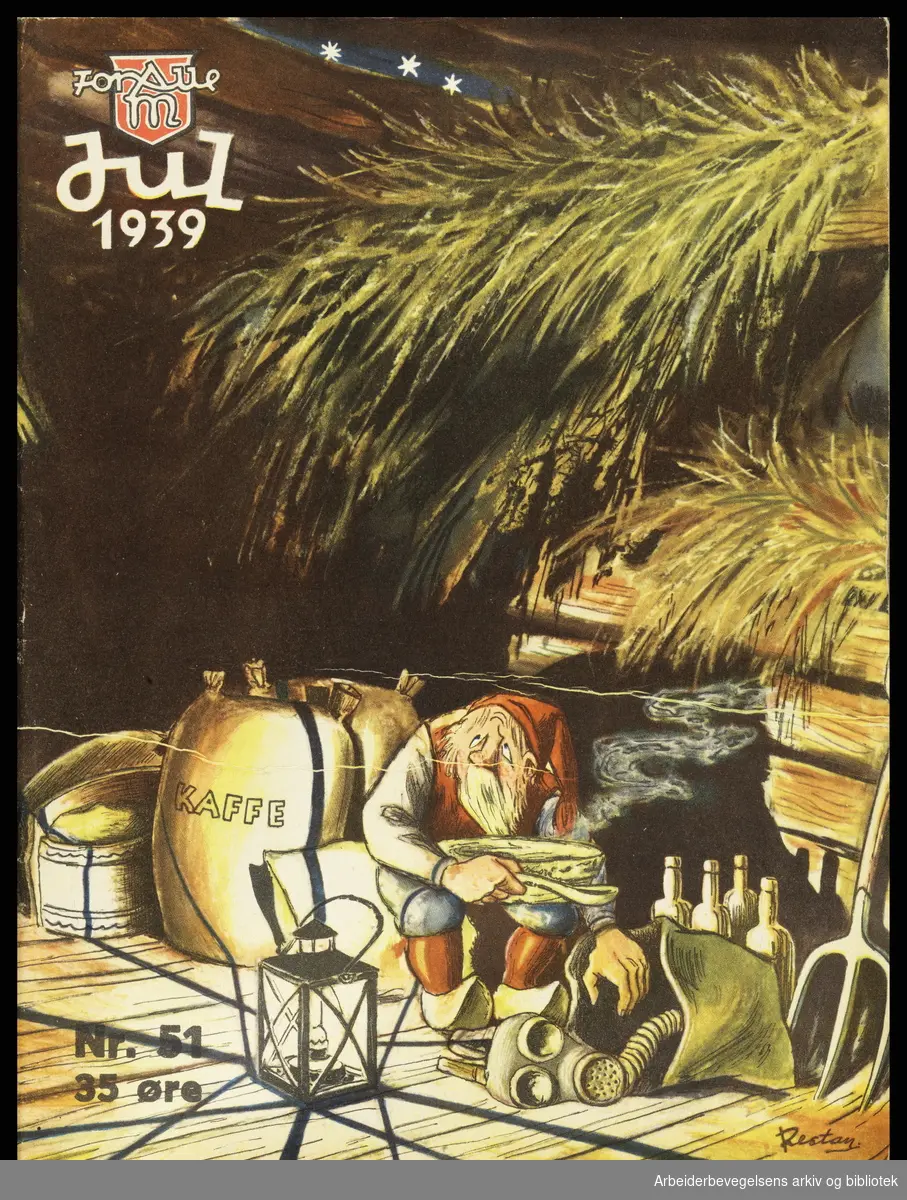 Arbeidermagasinet - Magasinet for alle. Forsiden på Julenummeret 1939. Illustrasjon: Bjarne Restan.